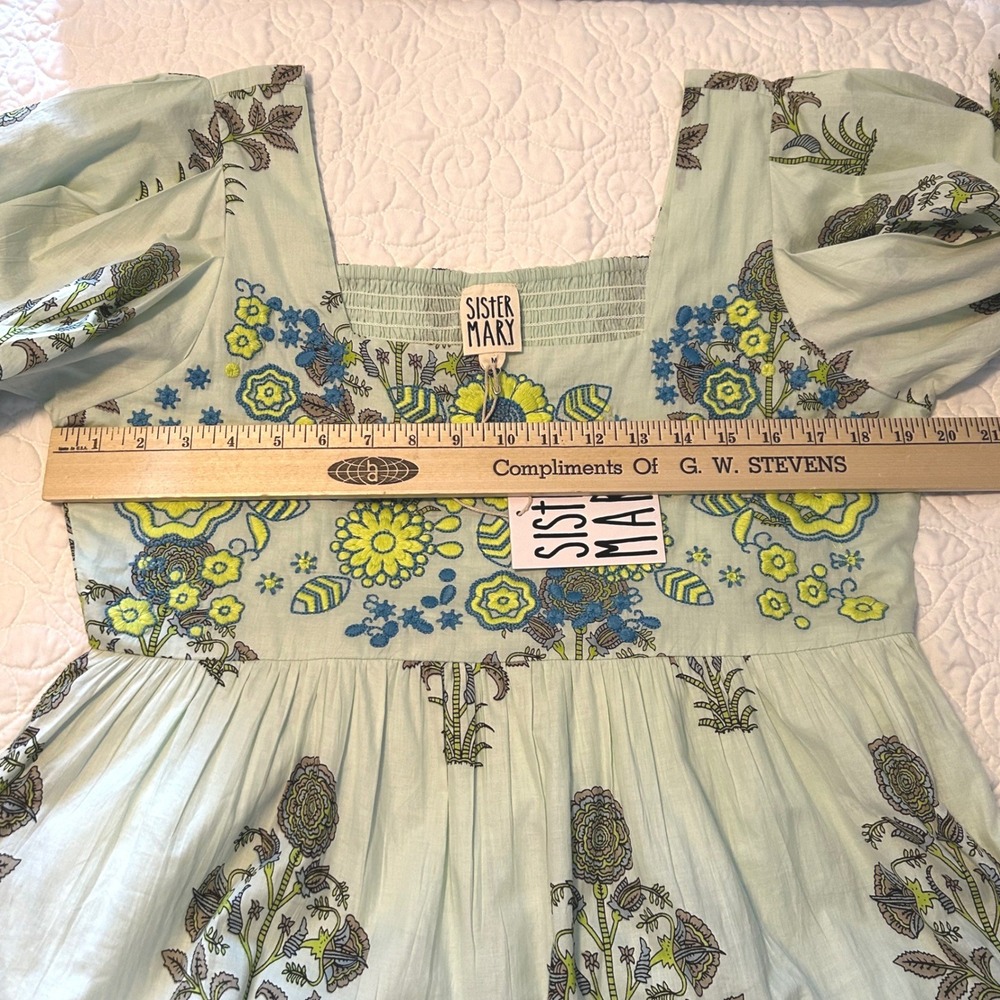 NWT Sister Mary Arianna Cottage Green Floral Hand Embroidered Cotton Mid Dress M - Picture 6 of 9